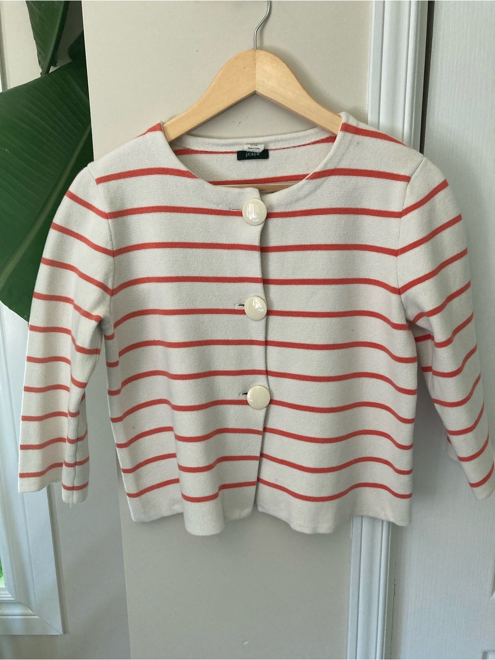J. Crew Cream Cardigan with Coral Stripes